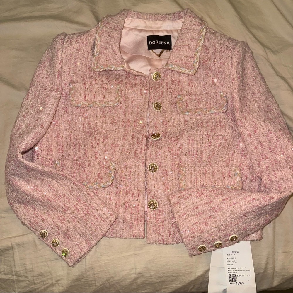 Pink sequin blazer with gold buttons